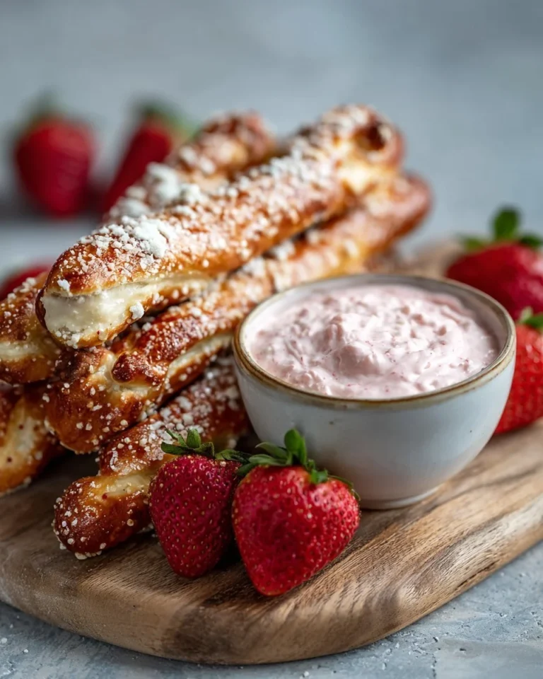 Delicious sweet pretzel sticks served with strawberry cream cheese dip.