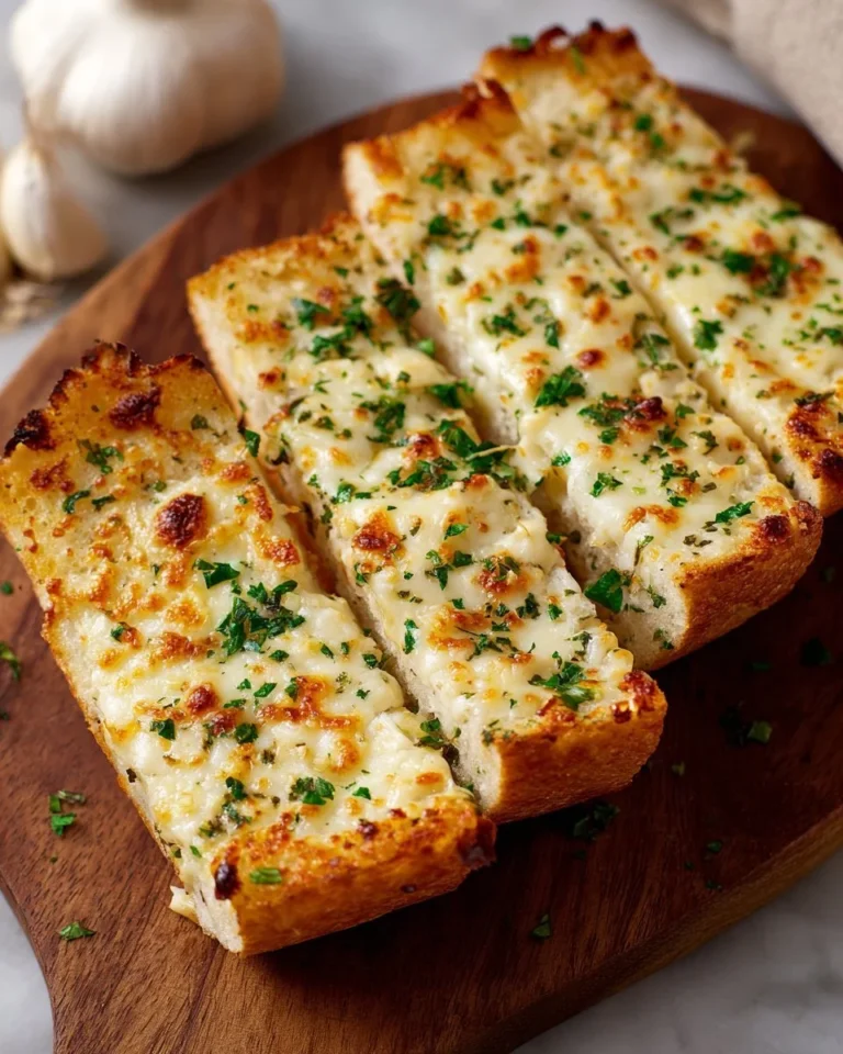 Delicious Three Cheese Garlic Bread topped with herbs and melted cheese