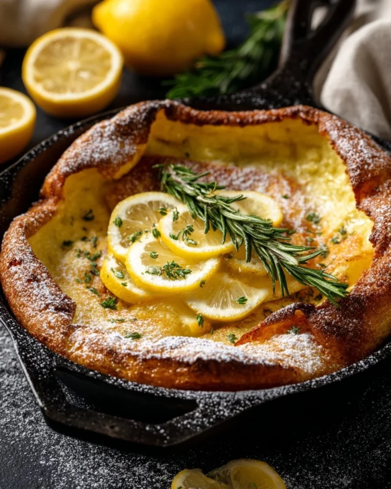 Fluffy Zesty Lemon Dutch Baby fresh out of the oven, topped with powdered sugar.
