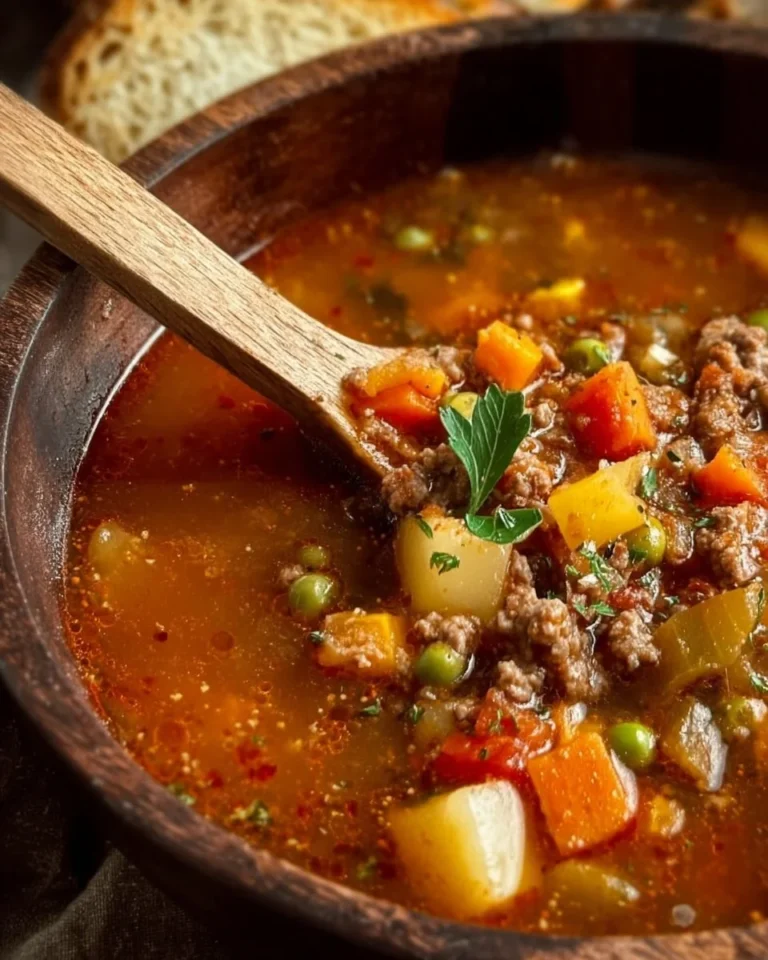 Bowl of hearty ground beef soup garnished with fresh herbs.